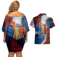 Liberia Elephant Power of Tradition Couples Matching Off Shoulder Short Dress and Hawaiian Shirt with Tribal Red Blue Splash Pattern