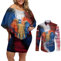 Liberia Elephant Power of Tradition Couples Matching Off Shoulder Short Dress and Long Sleeve Button Shirt with Tribal Red Blue Splash Pattern