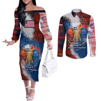 Liberia Elephant Power of Tradition Couples Matching Off The Shoulder Long Sleeve Dress and Long Sleeve Button Shirt with Tribal Red Blue Splash Pattern
