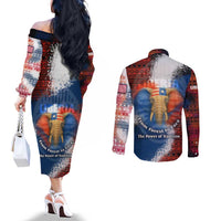 Liberia Elephant Power of Tradition Couples Matching Off The Shoulder Long Sleeve Dress and Long Sleeve Button Shirt with Tribal Red Blue Splash Pattern