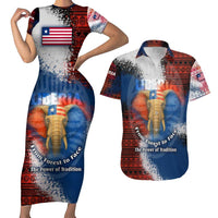 Liberia Elephant Power of Tradition Couples Matching Short Sleeve Bodycon Dress and Hawaiian Shirt with Tribal Red Blue Splash Pattern