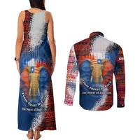 Liberia Elephant Power of Tradition Couples Matching Tank Maxi Dress and Long Sleeve Button Shirt with Tribal Red Blue Splash Pattern
