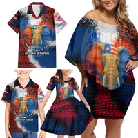 Liberia Elephant Power of Tradition Family Matching Off Shoulder Short Dress and Hawaiian Shirt with Tribal Red Blue Splash Pattern