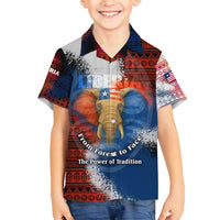 Liberia Elephant Power of Tradition Family Matching Off Shoulder Short Dress and Hawaiian Shirt with Tribal Red Blue Splash Pattern