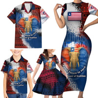 Liberia Elephant Power of Tradition Family Matching Short Sleeve Bodycon Dress and Hawaiian Shirt with Tribal Red Blue Splash Pattern