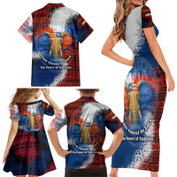 Liberia Elephant Power of Tradition Family Matching Short Sleeve Bodycon Dress and Hawaiian Shirt with Tribal Red Blue Splash Pattern