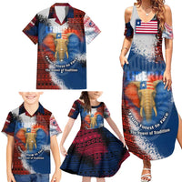 Liberia Elephant Power of Tradition Family Matching Summer Maxi Dress and Hawaiian Shirt with Tribal Red Blue Splash Pattern