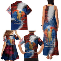 Liberia Elephant Power of Tradition Family Matching Tank Maxi Dress and Hawaiian Shirt with Tribal Red Blue Splash Pattern