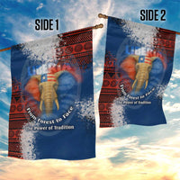 Liberia Elephant Power of Tradition Garden Flag with Tribal Red Blue Splash Pattern