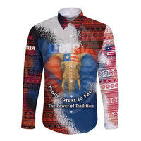 Liberia Elephant Power of Tradition Long Sleeve Button Shirt with Tribal Red Blue Splash Pattern