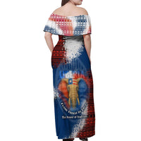 Liberia Elephant Power of Tradition Off Shoulder Maxi Dress with Tribal Red Blue Splash Pattern