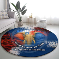 Liberia Elephant Power of Tradition Round Carpet with Tribal Red Blue Splash Pattern