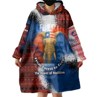Liberia Elephant Power of Tradition Wearable Blanket Hoodie with Tribal Red Blue Splash Pattern