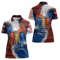 Liberia Elephant Power of Tradition Women Polo Shirt with Tribal Red Blue Splash Pattern