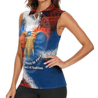 Liberia Elephant Power of Tradition Women Sleeveless Polo Shirt with Tribal Red Blue Splash Pattern