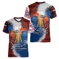 Liberia Elephant Power of Tradition Women V-Neck T-Shirt with Tribal Red Blue Splash Pattern
