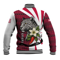 Liberia Baseball Jacket with Leopard Head, White Lily, and Red Chili Tribal Design - Wonder Print Shop