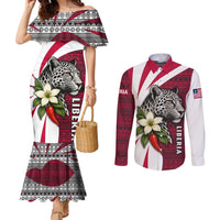 Liberia Couples Matching Mermaid Dress and Long Sleeve Button Shirt with Leopard Head, White Lily, and Red Chili Tribal Design - Wonder Print Shop