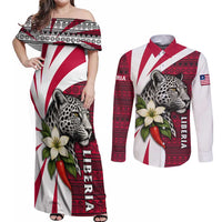 Liberia Couples Matching Off Shoulder Maxi Dress and Long Sleeve Button Shirt with Leopard Head, White Lily, and Red Chili Tribal Design - Wonder Print Shop