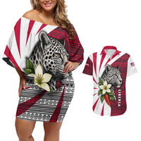 Liberia Couples Matching Off Shoulder Short Dress and Hawaiian Shirt with Leopard Head, White Lily, and Red Chili Tribal Design - Wonder Print Shop