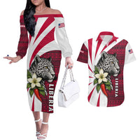 Liberia Couples Matching Off The Shoulder Long Sleeve Dress and Hawaiian Shirt with Leopard Head, White Lily, and Red Chili Tribal Design - Wonder Print Shop