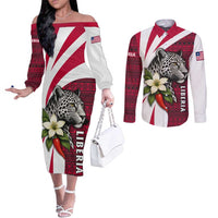 Liberia Couples Matching Off The Shoulder Long Sleeve Dress and Long Sleeve Button Shirt with Leopard Head, White Lily, and Red Chili Tribal Design - Wonder Print Shop