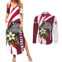 Liberia Couples Matching Summer Maxi Dress and Long Sleeve Button Shirt with Leopard Head, White Lily, and Red Chili Tribal Design - Wonder Print Shop