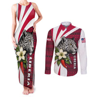 Liberia Couples Matching Tank Maxi Dress and Long Sleeve Button Shirt with Leopard Head, White Lily, and Red Chili Tribal Design - Wonder Print Shop