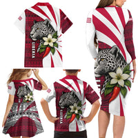 Liberia Family Matching Long Sleeve Bodycon Dress and Hawaiian Shirt with Leopard Head, White Lily, and Red Chili Tribal Design - Wonder Print Shop