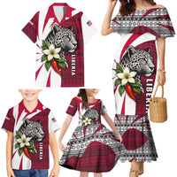 Liberia Family Matching Mermaid Dress and Hawaiian Shirt with Leopard Head, White Lily, and Red Chili Tribal Design - Wonder Print Shop