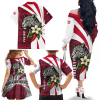 Liberia Family Matching Off The Shoulder Long Sleeve Dress and Hawaiian Shirt with Leopard Head, White Lily, and Red Chili Tribal Design - Wonder Print Shop