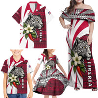 Liberia Family Matching Off Shoulder Maxi Dress and Hawaiian Shirt with Leopard Head, White Lily, and Red Chili Tribal Design - Wonder Print Shop