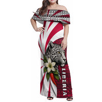Liberia Family Matching Off Shoulder Maxi Dress and Hawaiian Shirt with Leopard Head, White Lily, and Red Chili Tribal Design - Wonder Print Shop