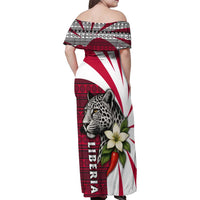 Liberia Family Matching Off Shoulder Maxi Dress and Hawaiian Shirt with Leopard Head, White Lily, and Red Chili Tribal Design - Wonder Print Shop
