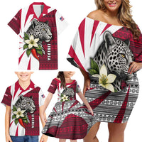 Liberia Family Matching Off Shoulder Short Dress and Hawaiian Shirt with Leopard Head, White Lily, and Red Chili Tribal Design - Wonder Print Shop