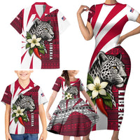 Liberia Family Matching Short Sleeve Bodycon Dress and Hawaiian Shirt with Leopard Head, White Lily, and Red Chili Tribal Design - Wonder Print Shop
