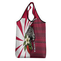 Liberia Grocery Bag with Leopard Head, White Lily, and Red Chili Tribal Design - Wonder Print Shop