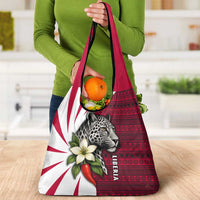 Liberia Grocery Bag with Leopard Head, White Lily, and Red Chili Tribal Design - Wonder Print Shop