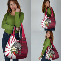 Liberia Grocery Bag with Leopard Head, White Lily, and Red Chili Tribal Design - Wonder Print Shop