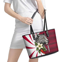 Liberia Leather Tote Bag with Leopard Head, White Lily, and Red Chili Tribal Design - Wonder Print Shop