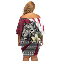 Liberia Off Shoulder Short Dress with Leopard Head, White Lily, and Red Chili Tribal Design - Wonder Print Shop