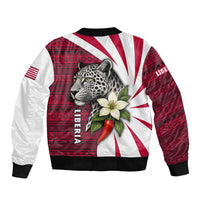 Liberia Sleeve Zip Bomber Jacket with Leopard Head, White Lily, and Red Chili Tribal Design - Wonder Print Shop