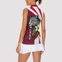 Liberia Women Sleeveless Polo Shirt with Leopard Head, White Lily, and Red Chili Tribal Design - Wonder Print Shop