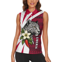 Liberia Women Sleeveless Polo Shirt with Leopard Head, White Lily, and Red Chili Tribal Design - Wonder Print Shop
