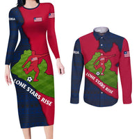 Liberia Lone Stars Rise Football Couples Matching Long Sleeve Bodycon Dress and Long Sleeve Button Shirt with Map Graphic and National Flag Design