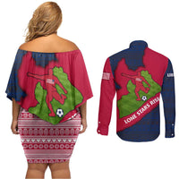 Liberia Lone Stars Rise Football Couples Matching Off Shoulder Short Dress and Long Sleeve Button Shirt with Map Graphic and National Flag Design