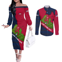 Liberia Lone Stars Rise Football Couples Matching Off The Shoulder Long Sleeve Dress and Long Sleeve Button Shirt with Map Graphic and National Flag Design