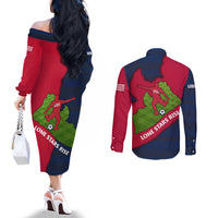 Liberia Lone Stars Rise Football Couples Matching Off The Shoulder Long Sleeve Dress and Long Sleeve Button Shirt with Map Graphic and National Flag Design