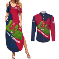 Liberia Lone Stars Rise Football Couples Matching Summer Maxi Dress and Long Sleeve Button Shirt with Map Graphic and National Flag Design