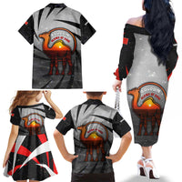 Bahrain Desert Camel Family Matching Off The Shoulder Long Sleeve Dress and Hawaiian Shirt with Sunset Glow and Starry Sky